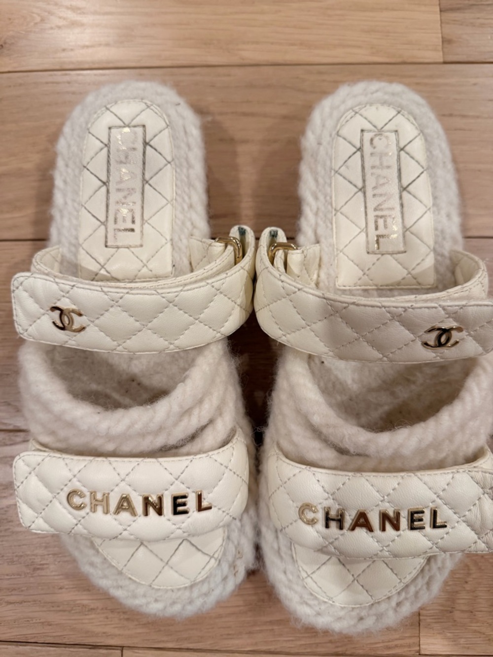 CHANEL Cream Quilted Shearling Double-Strap Slides with Gold Logo